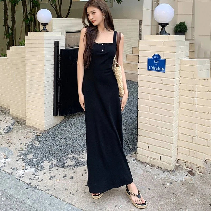 Rimocy Sexy Black Squre Collar Long Dress Women Summer Spaghetti Strap Beach Dresses Woman 2024 Buttons Sleeveless Maxi Sundress