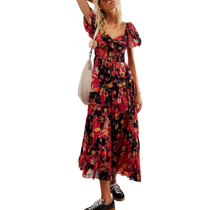 Women's Flower Print Boho Long Dress Puff Short Sleeve Sweetheart Neck Tunic Waist A-Line Flowy Dresses for Beach Vacation Party