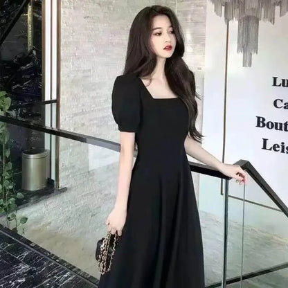 Slim Fit Women White Dress Bubble Sleeve Square Neck Light Wind Style Long Skirt Summer Casual Korean Style