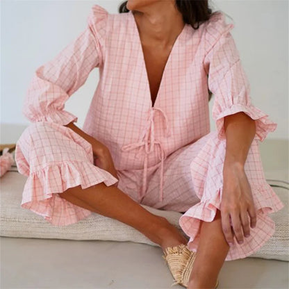 Women's Two Piece Outfits Set Long Sleeve Tie Front Top and Ruffled Wide Leg Pants Y2k Peplum Pajama Sets Homesuits