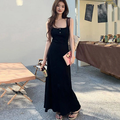 Rimocy Sexy Black Squre Collar Long Dress Women Summer Spaghetti Strap Beach Dresses Woman 2024 Buttons Sleeveless Maxi Sundress