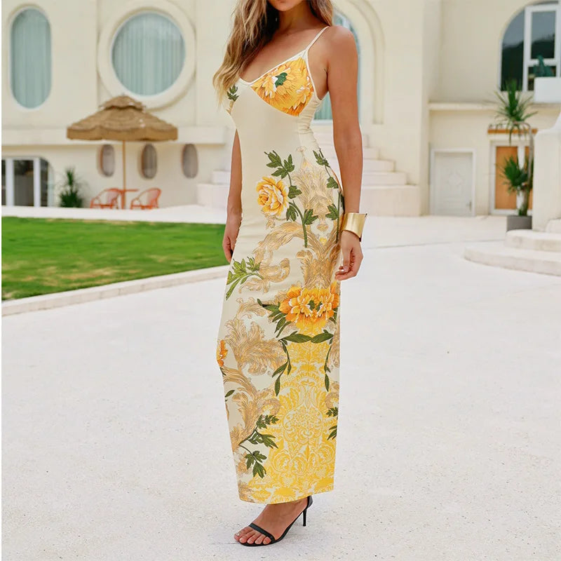 Sleeveless Print Suspender dress women Fashion Vneck slim long skirt 2024 summer fashion women's beach party club robe JY23159SK