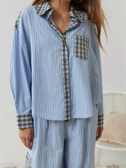 CHRONSTYLE Women Pajama Sets Plaid Patchwork Long Sleeve Button Closure Shirts Elastic Waist Pants Sleepwear Loungewear 2024 New