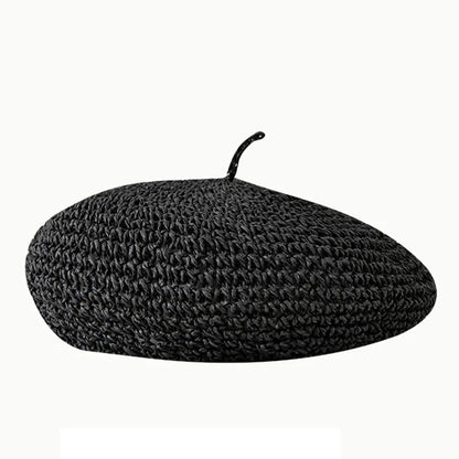 Summer Hat  Breathable Handmade Crochet Berets Caps for Women Fashion Mushroon Hat Black Straw Beret for Girl Bonnet