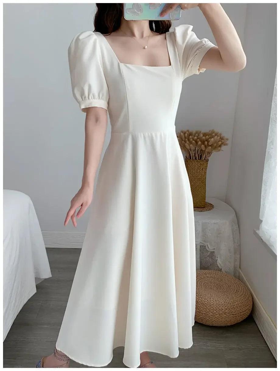 Slim Fit Women White Dress Bubble Sleeve Square Neck Light Wind Style Long Skirt Summer Casual Korean Style