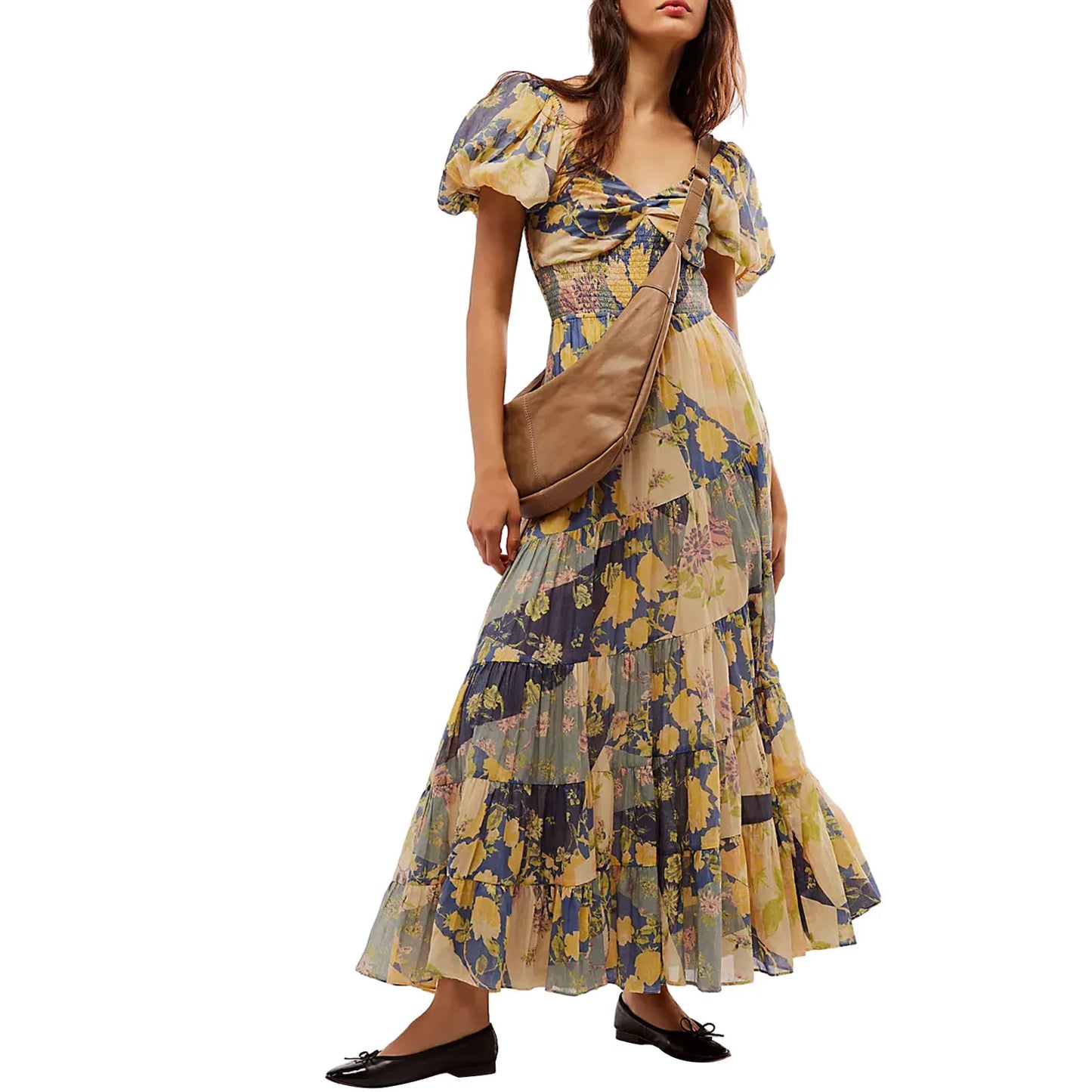 Women's Flower Print Boho Long Dress Puff Short Sleeve Sweetheart Neck Tunic Waist A-Line Flowy Dresses for Beach Vacation Party