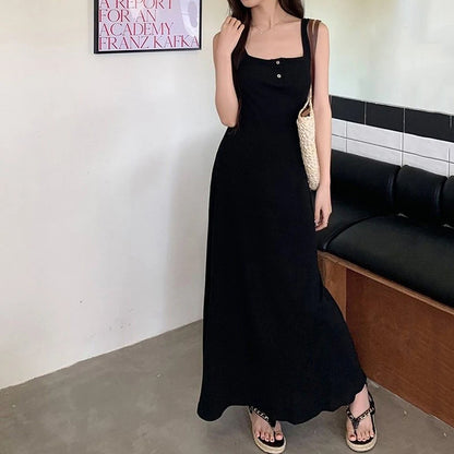 Rimocy Sexy Black Squre Collar Long Dress Women Summer Spaghetti Strap Beach Dresses Woman 2024 Buttons Sleeveless Maxi Sundress