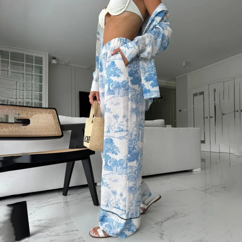 Elegant Women Ink Print Two Piece Pants Set Chic Y2K Tracksuit 2024 Sport Streetwear Outfits Loose Shirt Top Wide Leg Pants Suit