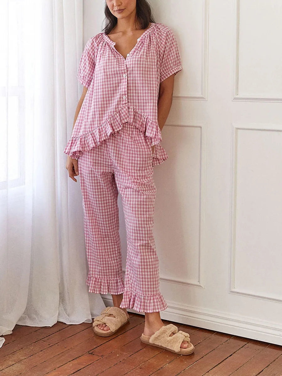 Women Y2k Plaid 2 Piece Pajama Set Tie Front Puff Sleeve Babydoll Shirt Gingham Pants Pj Lounge Set Sleepwear