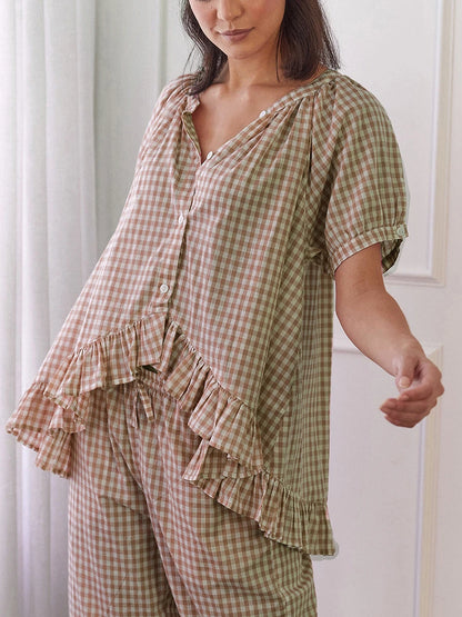 Women Y2k Plaid 2 Piece Pajama Set Tie Front Puff Sleeve Babydoll Shirt Gingham Pants Pj Lounge Set Sleepwear