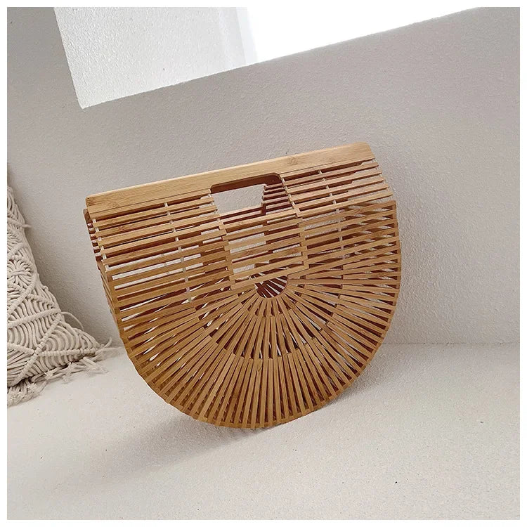 Women's Handmade Bamboo Basket Half-round Outdoor Beach Travel Handbag Fashion Designer Top-Handle Bags Retro Braided Bamboo Bag