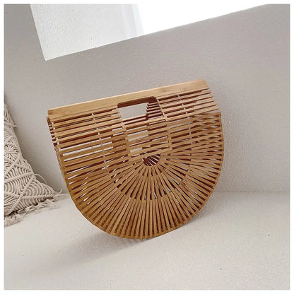 Women's Handmade Bamboo Basket Half-round Outdoor Beach Travel Handbag Fashion Designer Top-Handle Bags Retro Braided Bamboo Bag