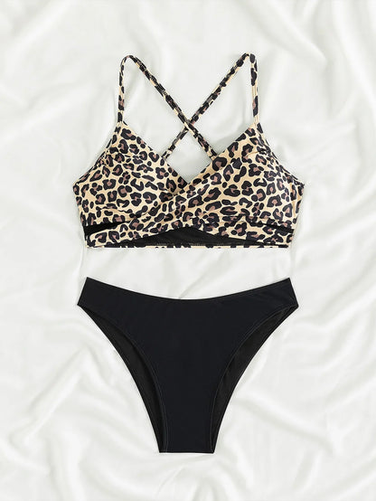 Sexy leopard print cross bikini set 2024 women halter push up black high waist swimsuit summer bathing suit two piece swimwear