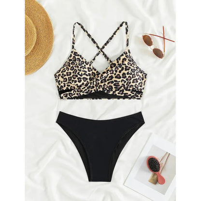 Sexy leopard print cross bikini set 2024 women halter push up black high waist swimsuit summer bathing suit two piece swimwear