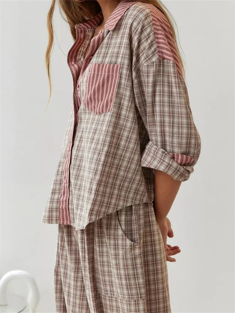 CHRONSTYLE Women Pajama Sets Plaid Patchwork Long Sleeve Button Closure Shirts Elastic Waist Pants Sleepwear Loungewear 2024 New