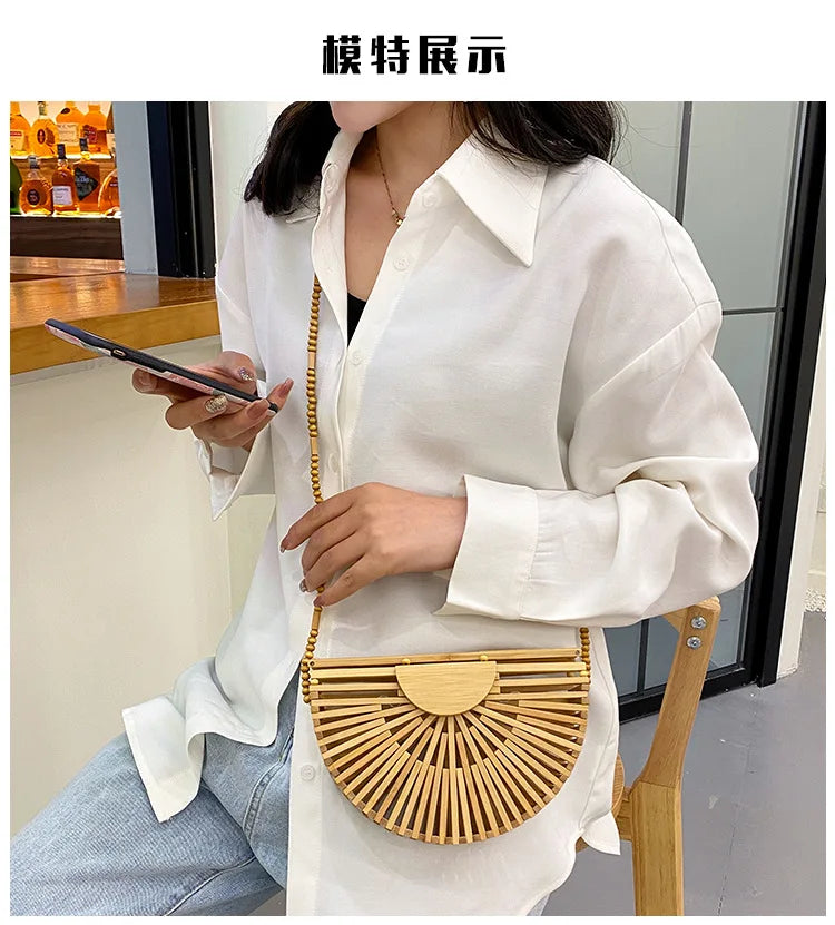 Fashion Half Moon Wooden Shoulder Crossbody Bags for Women Bamboo Woven Summer Beach Straw Bag Rattan Small Phone Purse Mini Sac