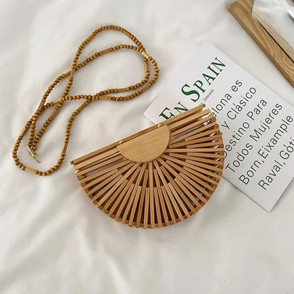 Fashion Half Moon Wooden Shoulder Crossbody Bags for Women Bamboo Woven Summer Beach Straw Bag Rattan Small Phone Purse Mini Sac