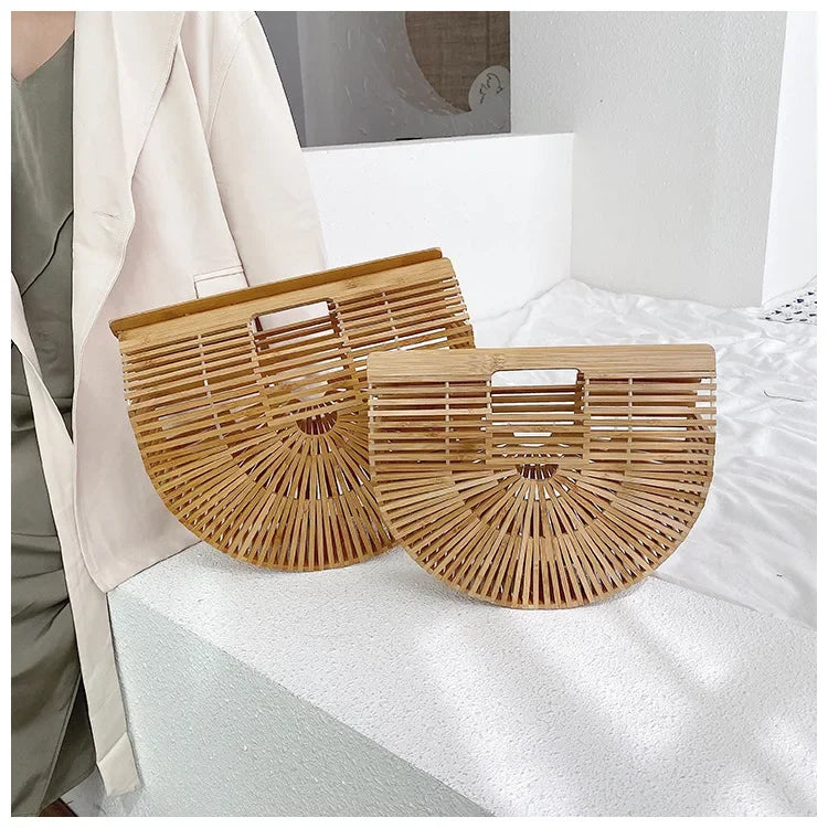 Women's Handmade Bamboo Basket Half-round Outdoor Beach Travel Handbag Fashion Designer Top-Handle Bags Retro Braided Bamboo Bag