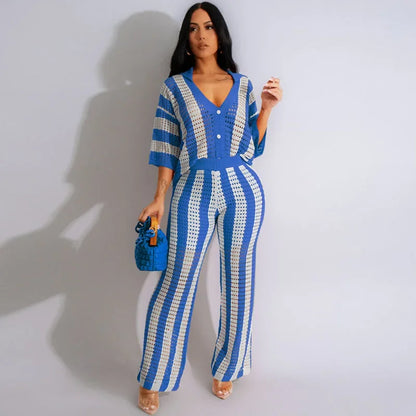 Striped Knitted Pants Set Women 2 Piece Outfit Elegant Hollow Out Button Up V-neck Top and Wide Leg Pants Matching Sets Birthday