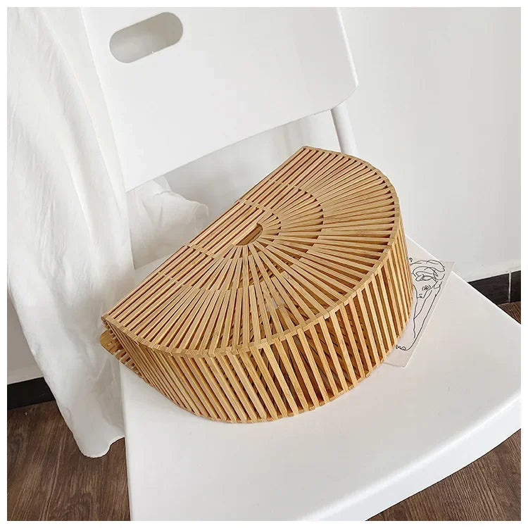 Women's Handmade Bamboo Basket Half-round Outdoor Beach Travel Handbag Fashion Designer Top-Handle Bags Retro Braided Bamboo Bag