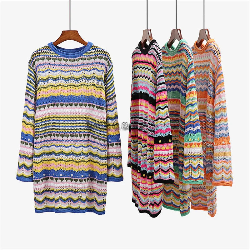 Rainbow Stripes Knitted Dresses Women Fashion Temperament Hollow Out Long Sleeve Pullover Sweater Dress Female Autumn Winter New