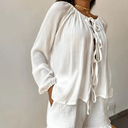 Loungewear 2 Piece Outfits Vintage Front Lacing Up Scoop Neck Long Sleeve Blouse Shirt Tops + Ruffled Shorts Women Pajama Set