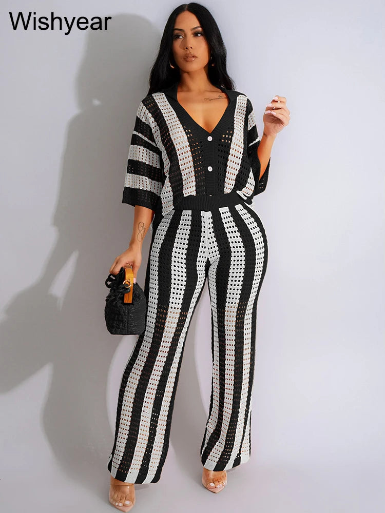 Summer Hollow Stripe Vacation Outfit for Women's Sexy Beach Lapel V Neck Half Sleeves Shirts and Wide Leg Pants Two 2 Piece Sets