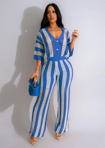 Striped Knitted Pants Set Women 2 Piece Outfit Elegant Hollow Out Button Up V-neck Top and Wide Leg Pants Matching Sets Birthday