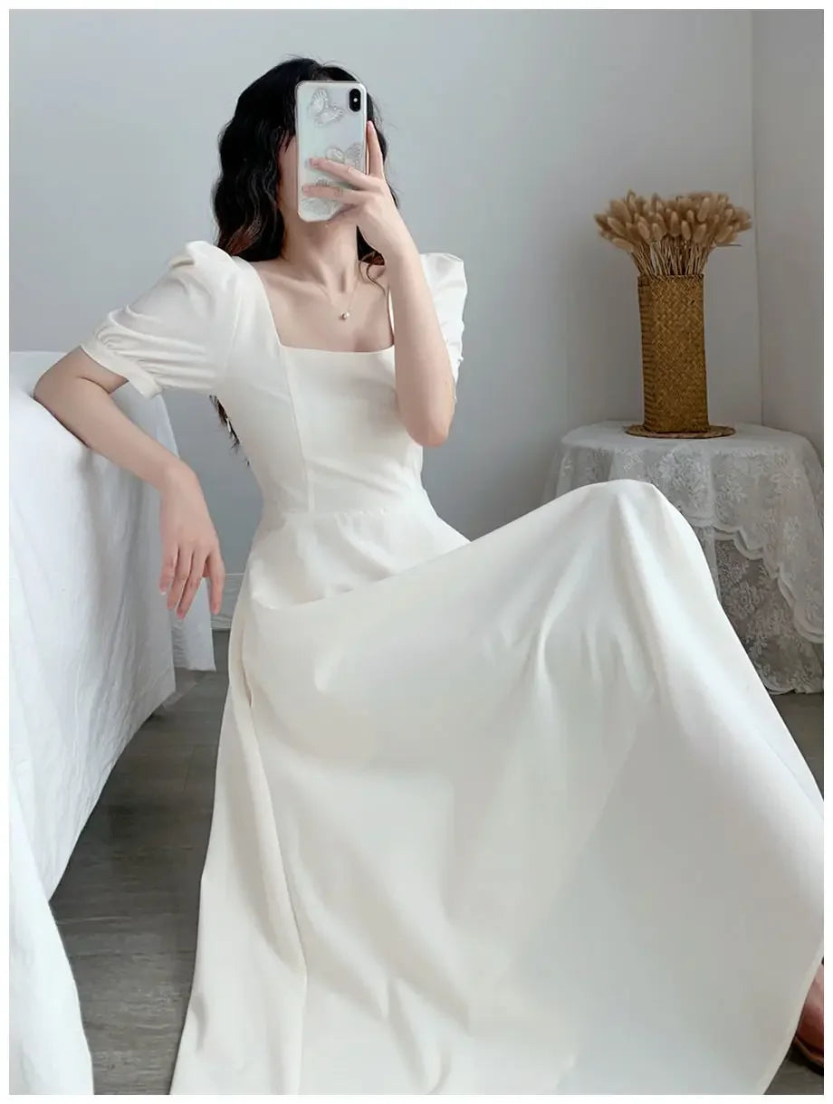 Slim Fit Women White Dress Bubble Sleeve Square Neck Light Wind Style Long Skirt Summer Casual Korean Style