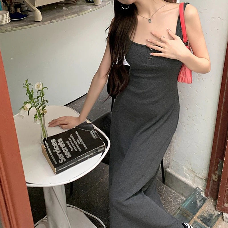 Rimocy Sexy Black Squre Collar Long Dress Women Summer Spaghetti Strap Beach Dresses Woman 2024 Buttons Sleeveless Maxi Sundress