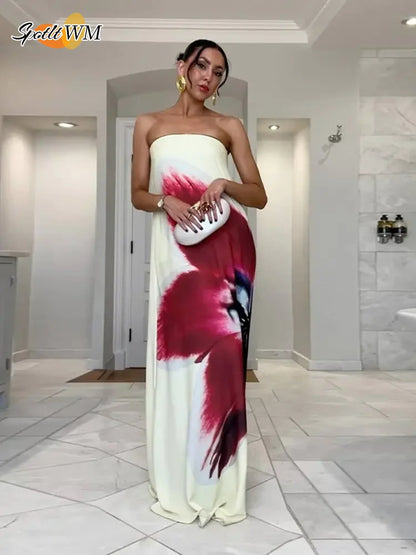 2025 New Floral Printed Strapless Loose Robes Women Sexy Off Shoulder Sleeveless Backless Maxi Dress Fashion Lady Party Vestidos