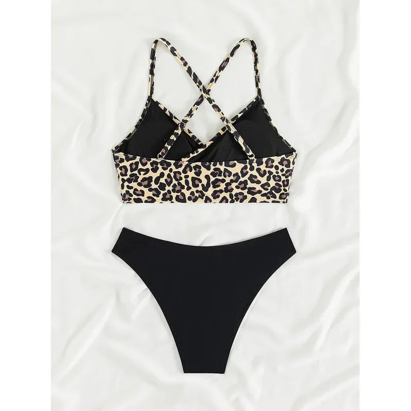 Sexy leopard print cross bikini set 2024 women halter push up black high waist swimsuit summer bathing suit two piece swimwear