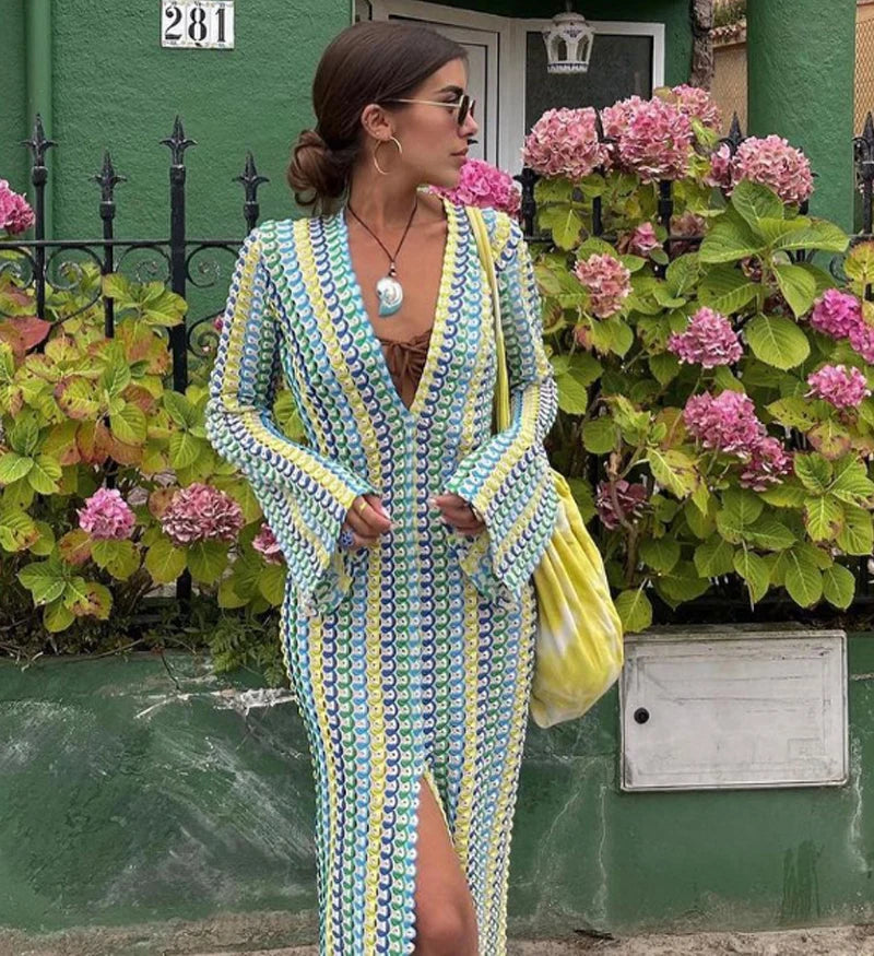 2024 Women Deep V Neck Casual Bohemian Maxi Dress Elegant Straight Flare Long Sleeve Vestidos  Sexy Beach Vacation Party Robe