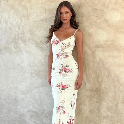 Sleeveless Print Suspender dress women Fashion Vneck slim long skirt 2024 summer fashion women's beach party club robe JY23159SK