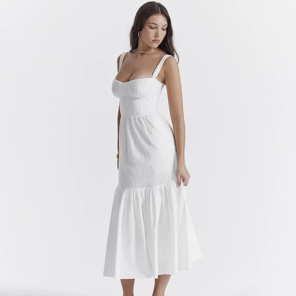 Mozision Elegant White Spaghetti Strap Midi Dress For Women Fashion Strapless Sleeveless Backless A-line Club Party Dress