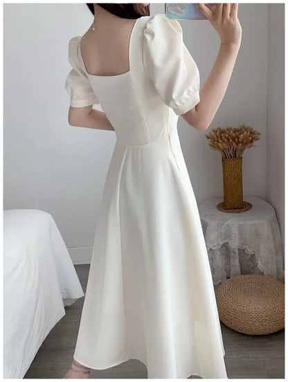 Slim Fit Women White Dress Bubble Sleeve Square Neck Light Wind Style Long Skirt Summer Casual Korean Style