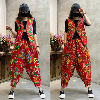 Mom's Set Trendy Ethnic Style Northeast Big Flower Clothing Peony Printed Fashion 2 Piece Large Size Vest And Pants Outfit Z4812