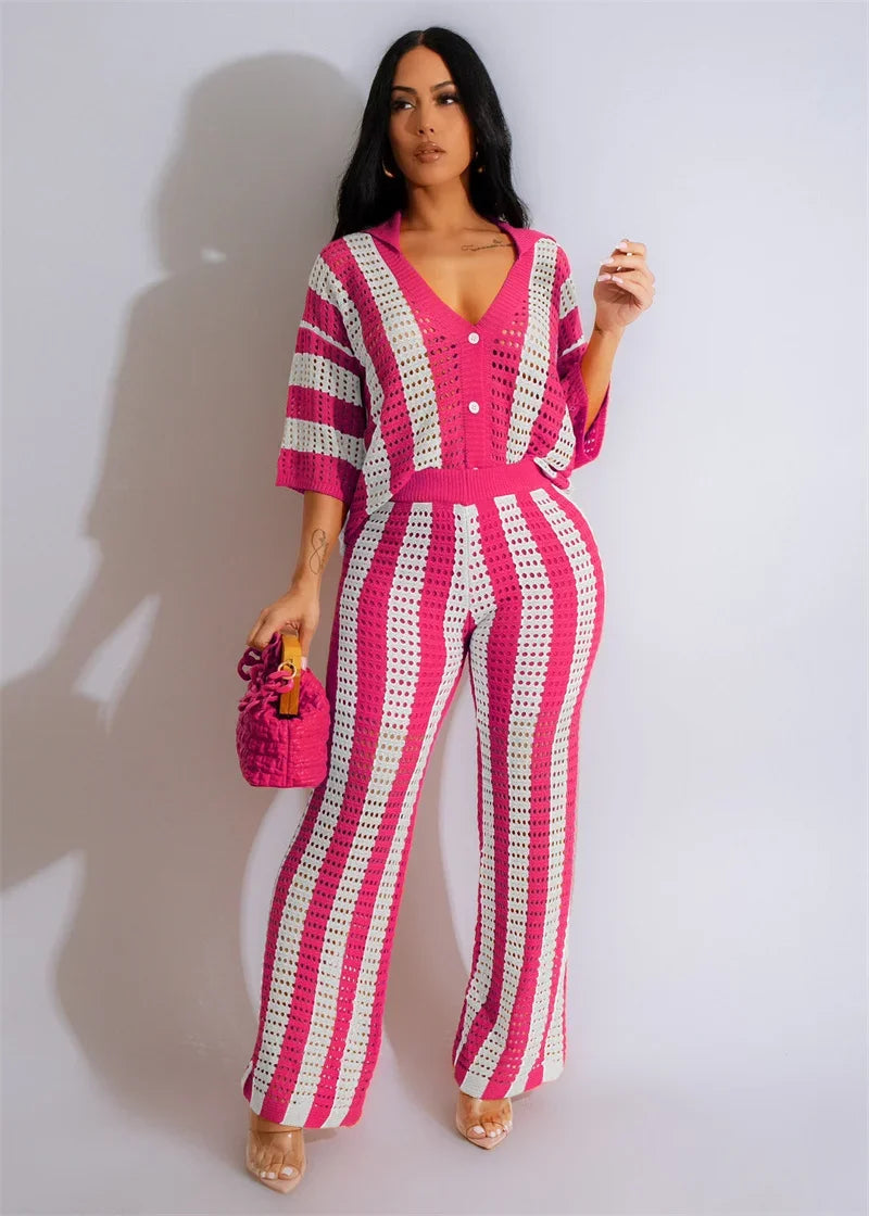 Striped Knitted Pants Set Women 2 Piece Outfit Elegant Hollow Out Button Up V-neck Top and Wide Leg Pants Matching Sets Birthday