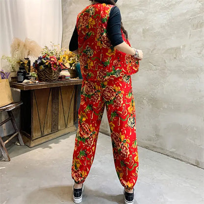 Mom's Set Trendy Ethnic Style Northeast Big Flower Clothing Peony Printed Fashion 2 Piece Large Size Vest And Pants Outfit Z4812