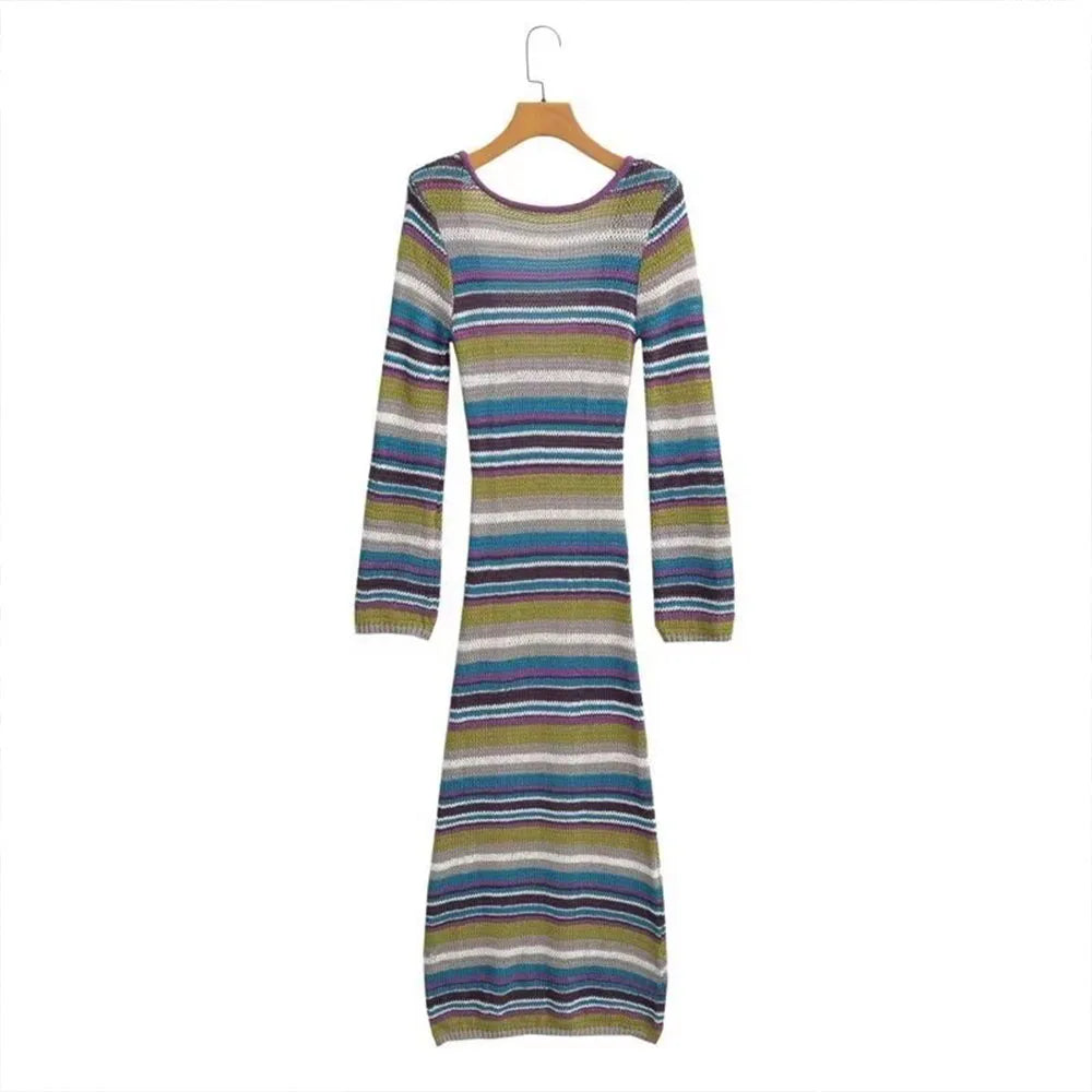 Autumn 2024 women's new fashion and leisure slim temperament Joker round neck long sleeve striped knit dress.