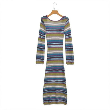 Autumn 2024 women's new fashion and leisure slim temperament Joker round neck long sleeve striped knit dress.