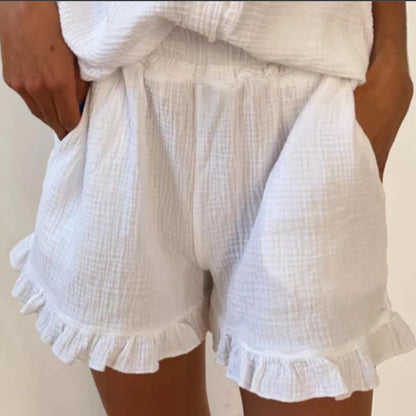 Loungewear 2 Piece Outfits Vintage Front Lacing Up Scoop Neck Long Sleeve Blouse Shirt Tops + Ruffled Shorts Women Pajama Set