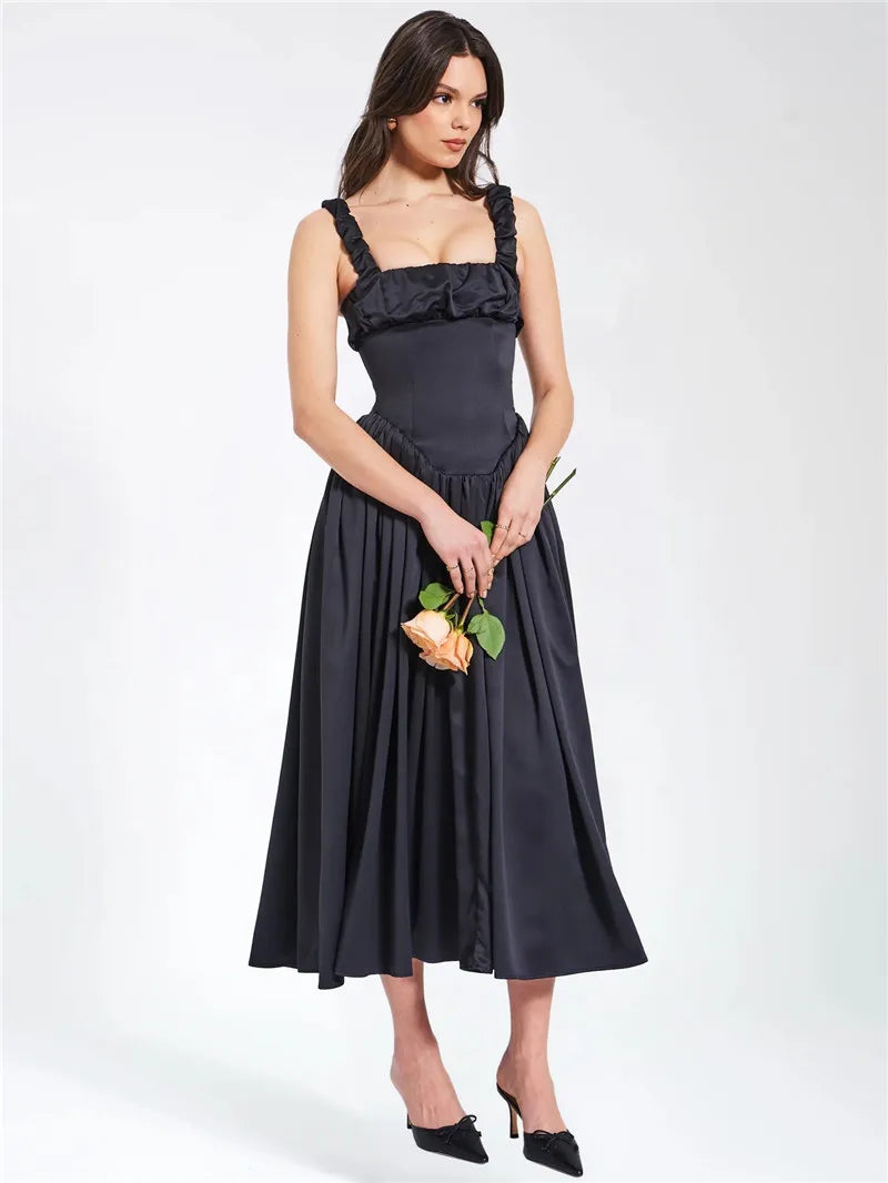 Mozision Elegant Satin Backless Midi Dress For Women High Quality Sundress Fashion Square Collar Sleeveless Loose Pleated Dress