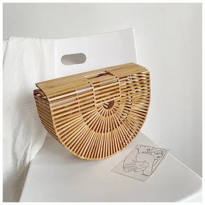 Women's Handmade Bamboo Basket Half-round Outdoor Beach Travel Handbag Fashion Designer Top-Handle Bags Retro Braided Bamboo Bag