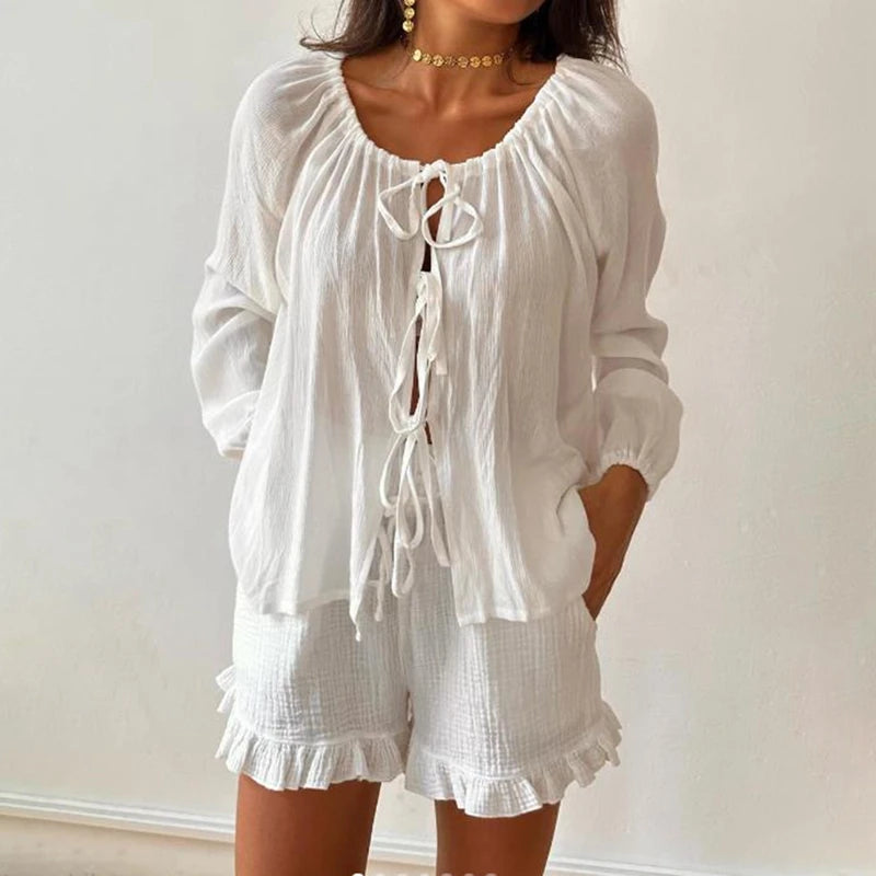 Loungewear 2 Piece Outfits Vintage Front Lacing Up Scoop Neck Long Sleeve Blouse Shirt Tops + Ruffled Shorts Women Pajama Set