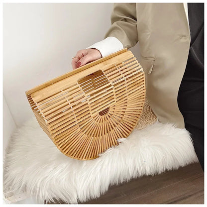 Women's Handmade Bamboo Basket Half-round Outdoor Beach Travel Handbag Fashion Designer Top-Handle Bags Retro Braided Bamboo Bag