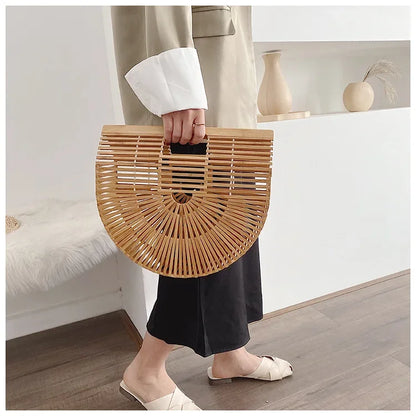 Women's Handmade Bamboo Basket Half-round Outdoor Beach Travel Handbag Fashion Designer Top-Handle Bags Retro Braided Bamboo Bag