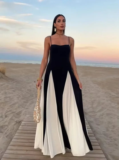 Fashion Gauze Contrasting Color Strap Maxi Dress For Women Elegant Backless Sleeveless High Waist Vestidos Chic Lady Party Robes