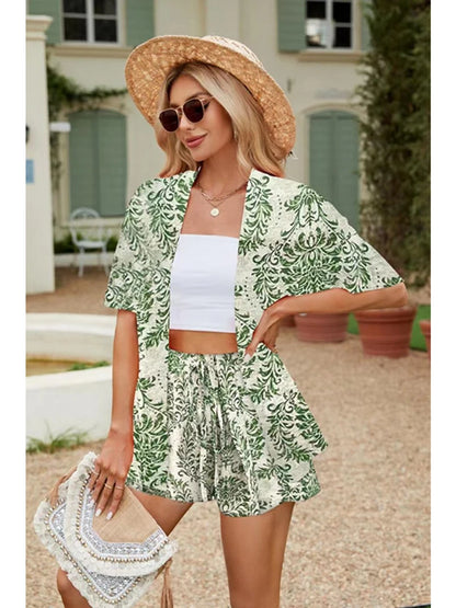 2024 Summer Casual Shirt Two Piece Set For Women Shorts 2 Piece Sets Outfit Print  Short Sleeve Short Sets Outfits Home Sets