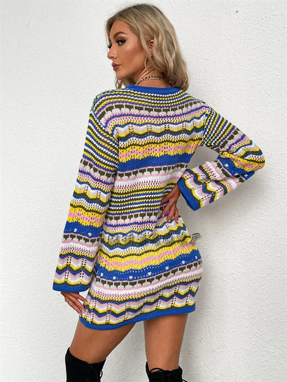 Rainbow Stripes Knitted Dresses Women Fashion Temperament Hollow Out Long Sleeve Pullover Sweater Dress Female Autumn Winter New